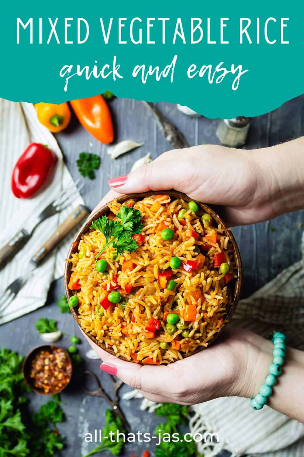 A bowl of mixed vegetable rice in hands over the table with text overlay.