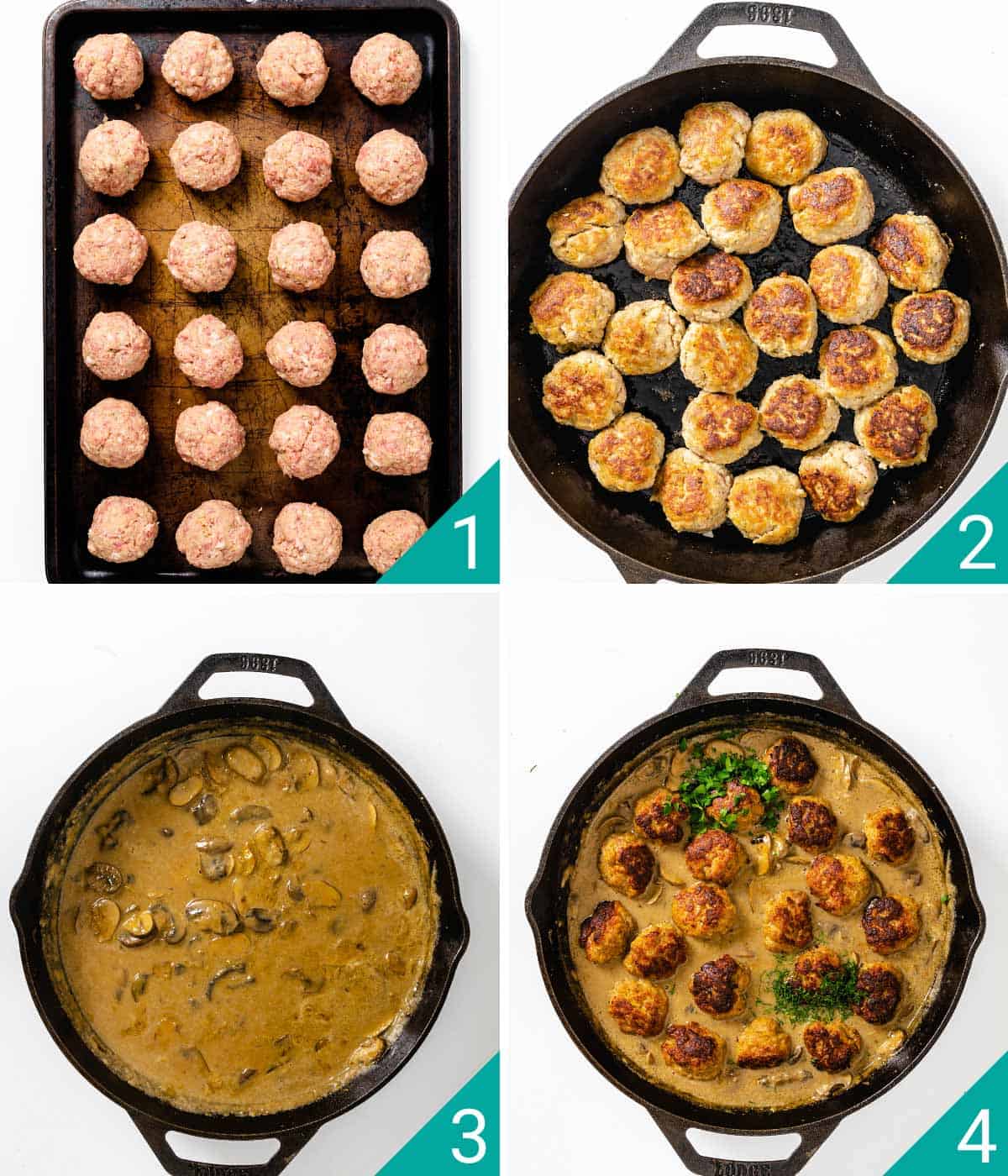 Four-image photo of the steps to making pork meatballs in mushroom gravy.