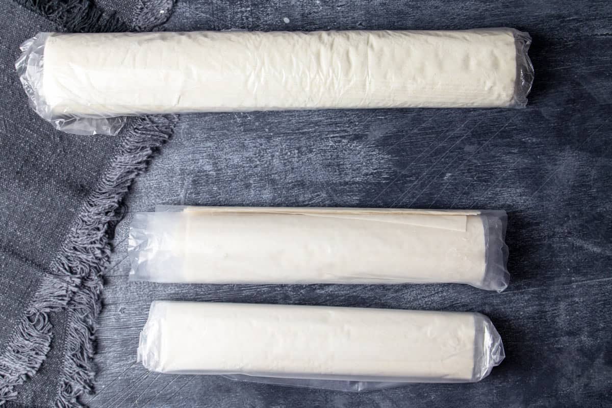 Different packaging and size of fillo dough based on the brand. 
