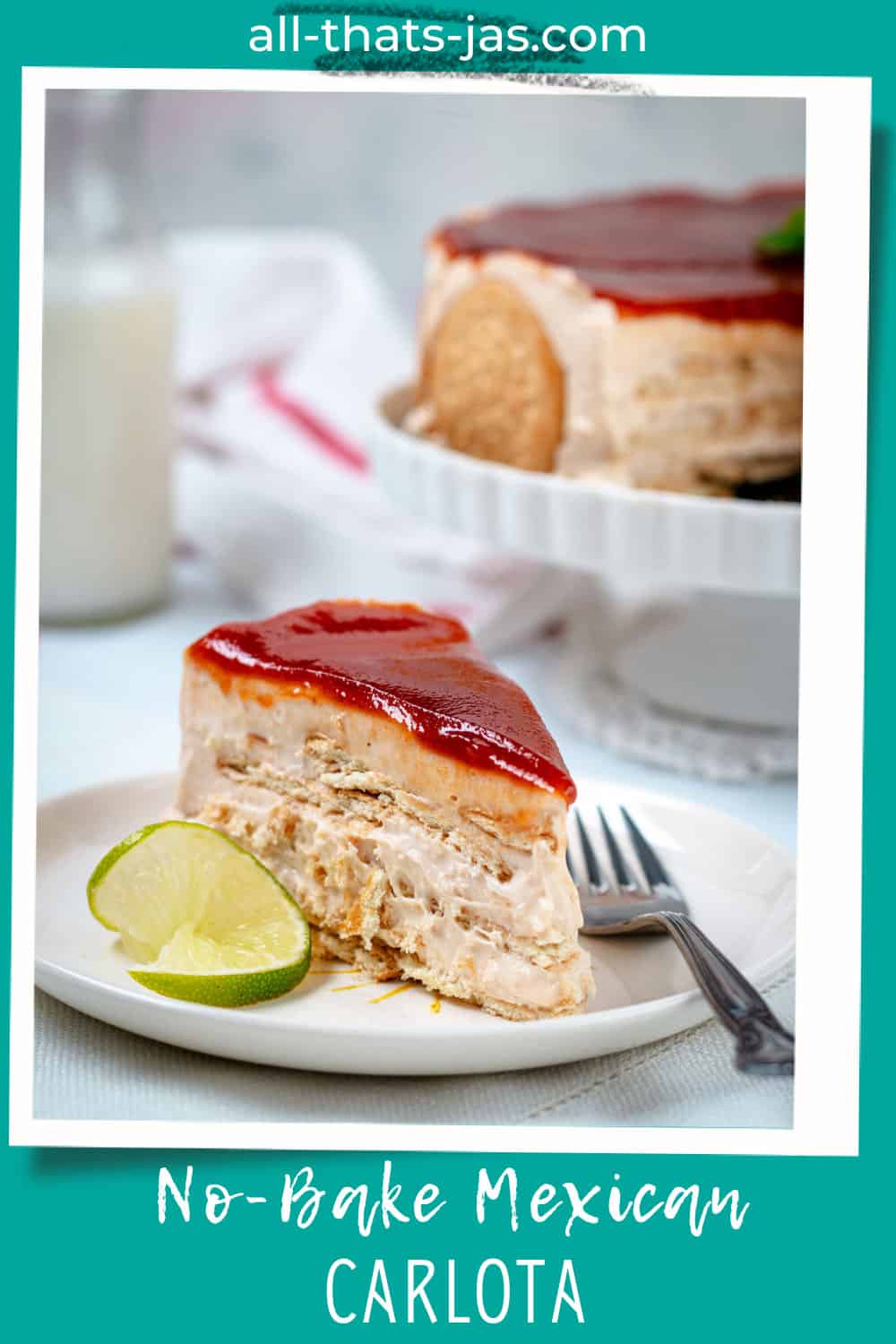 A slice of Mexican guava Charlotte cake with text overlay.