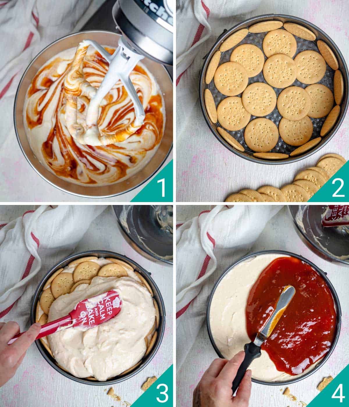 Four-step photos for making the Charlotte cake.