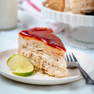 A close-up of the sliced cake on a plate.