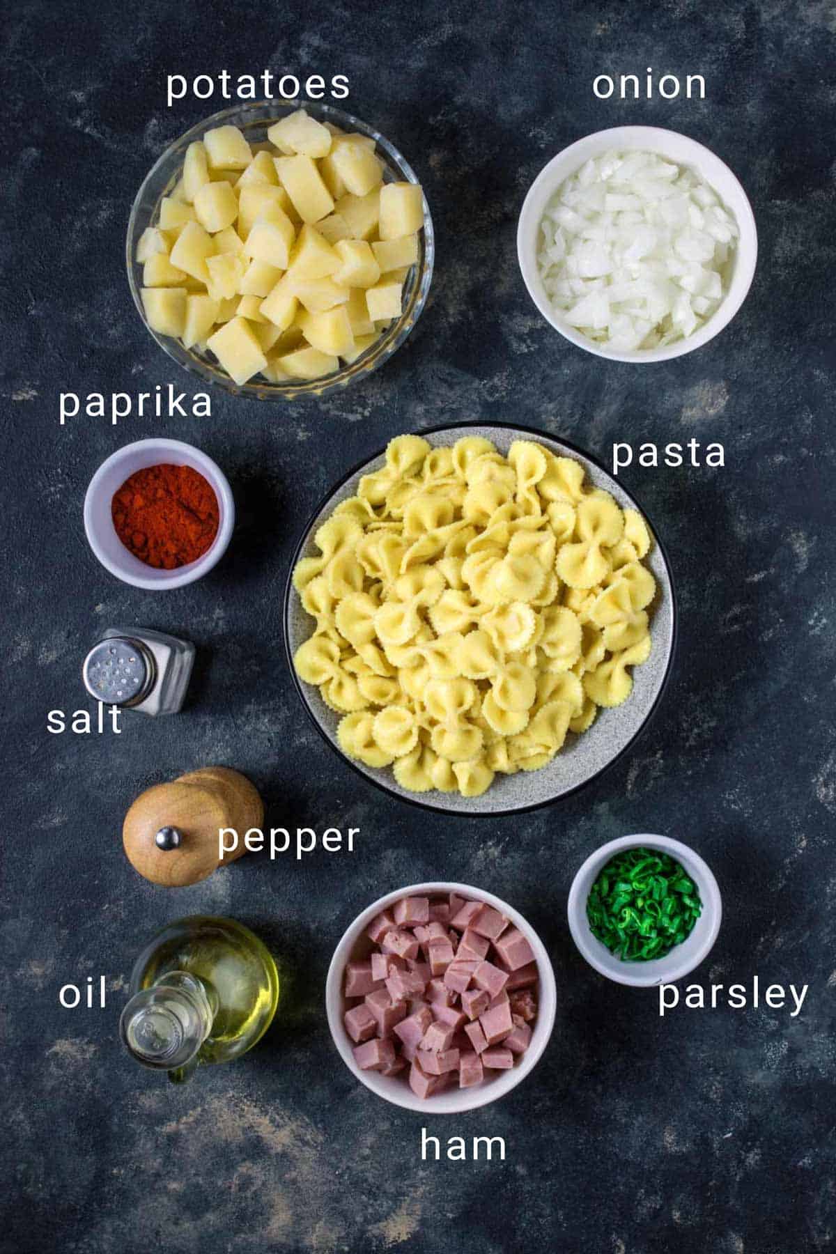 Ingredients for Croatian grenadir dish with potato and pasta.