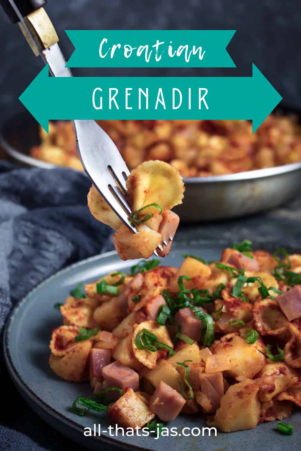 Grenadir on a fork over a plate with text overlay.