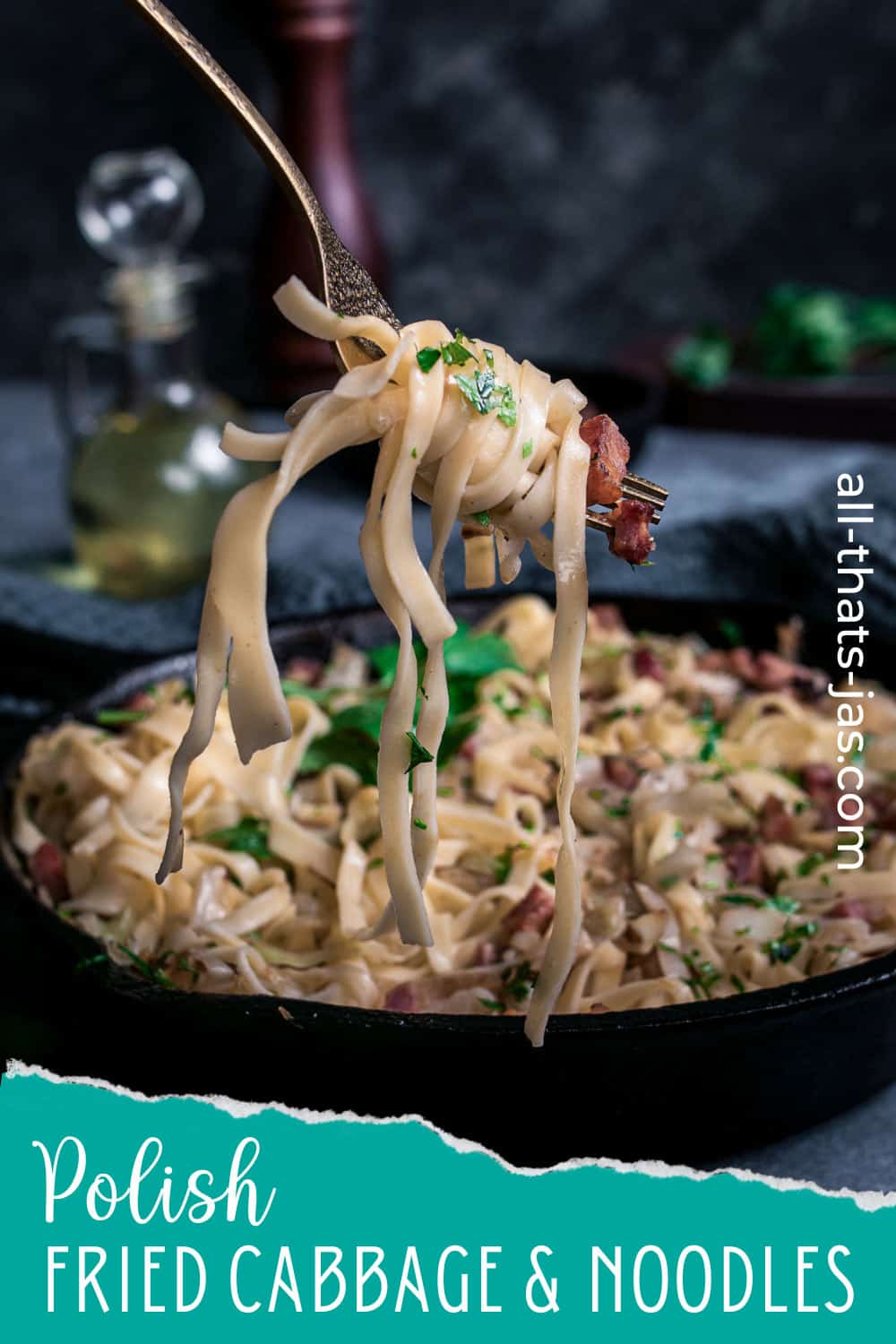 Fried cabbage and noodles on a fork with bacon photo with a text overlay.