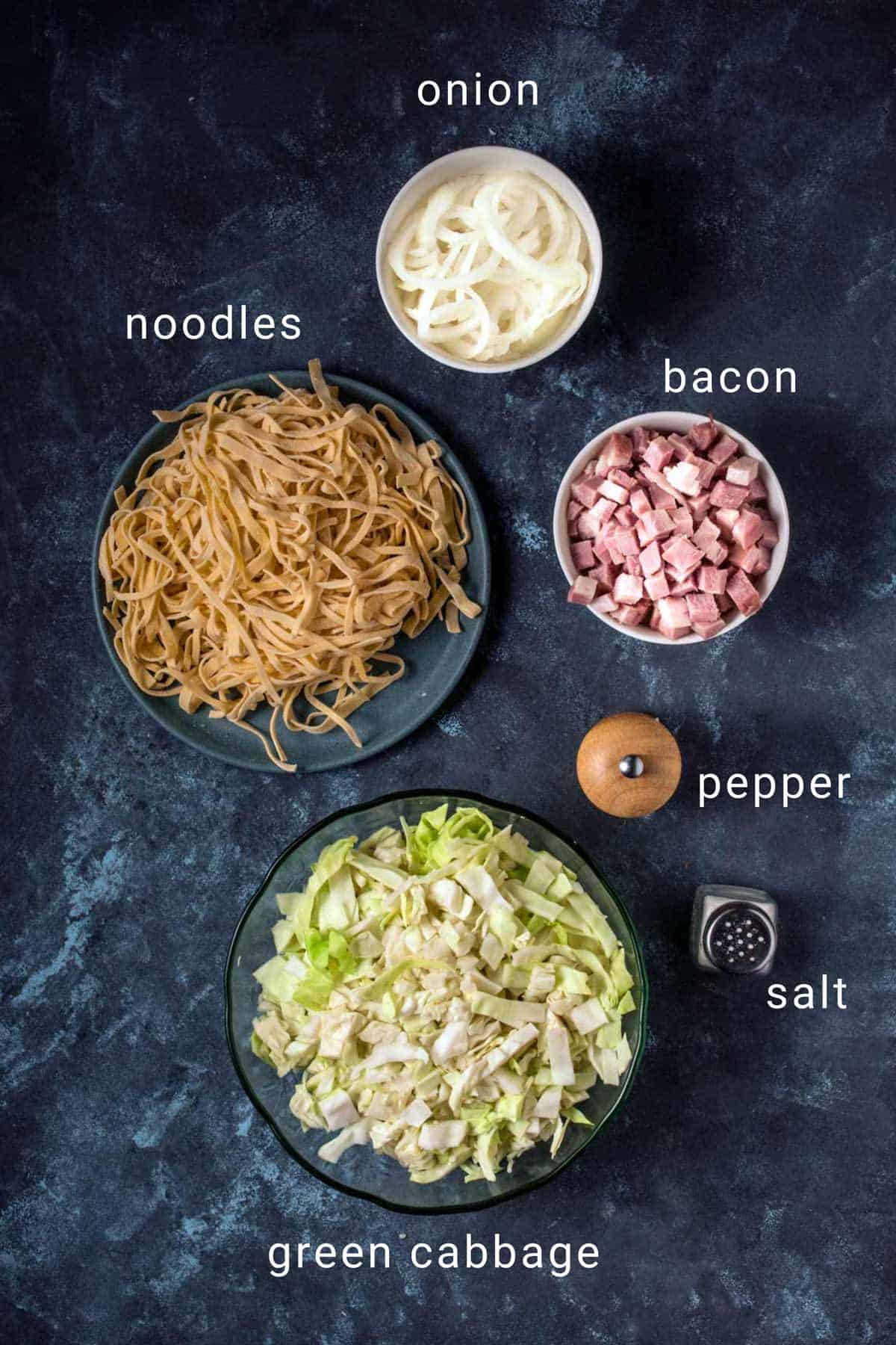 Ingredients for haluski noodles and cabbage.