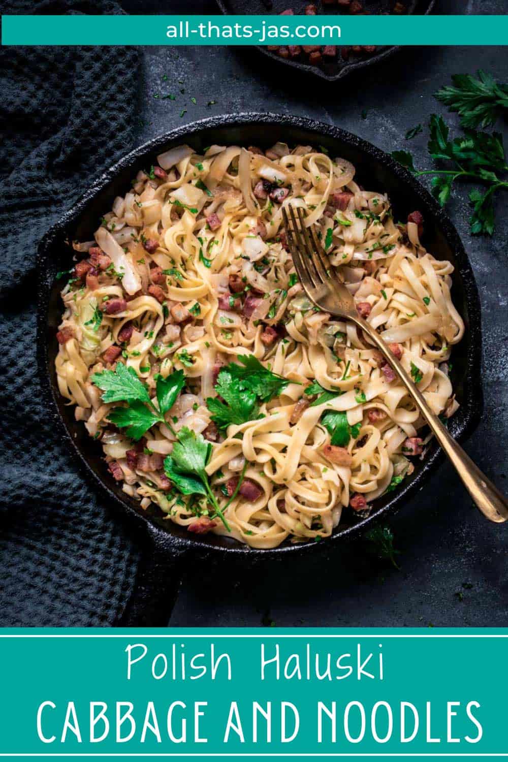 An overhead photo of bacon fried cabbage and noodles with text overlay.