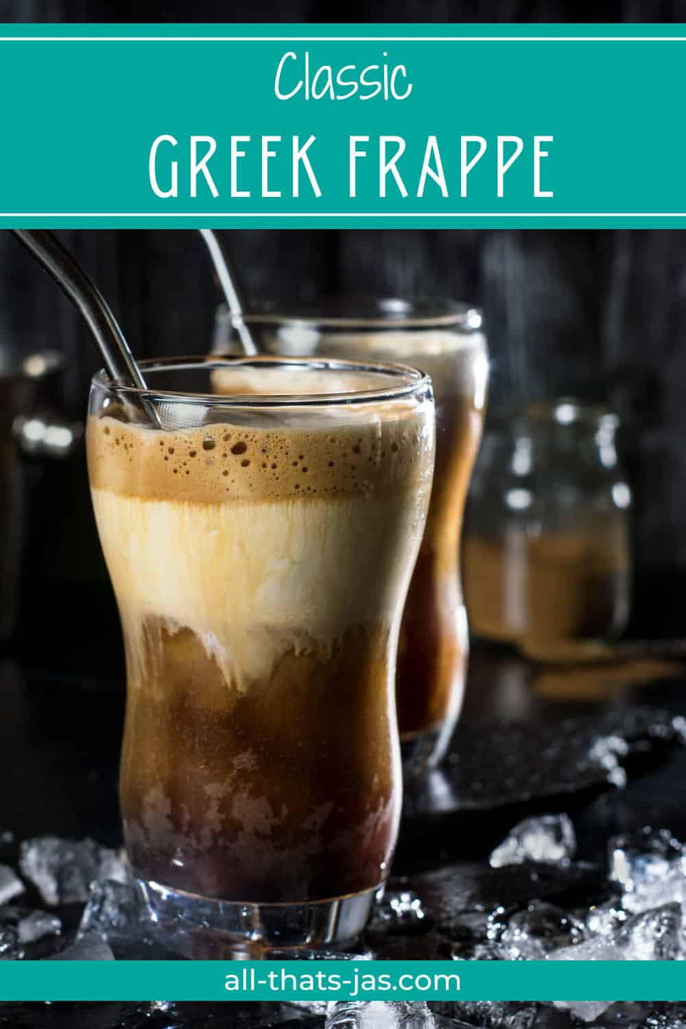 Classic Greek iced frappe in glasses with text overlay.