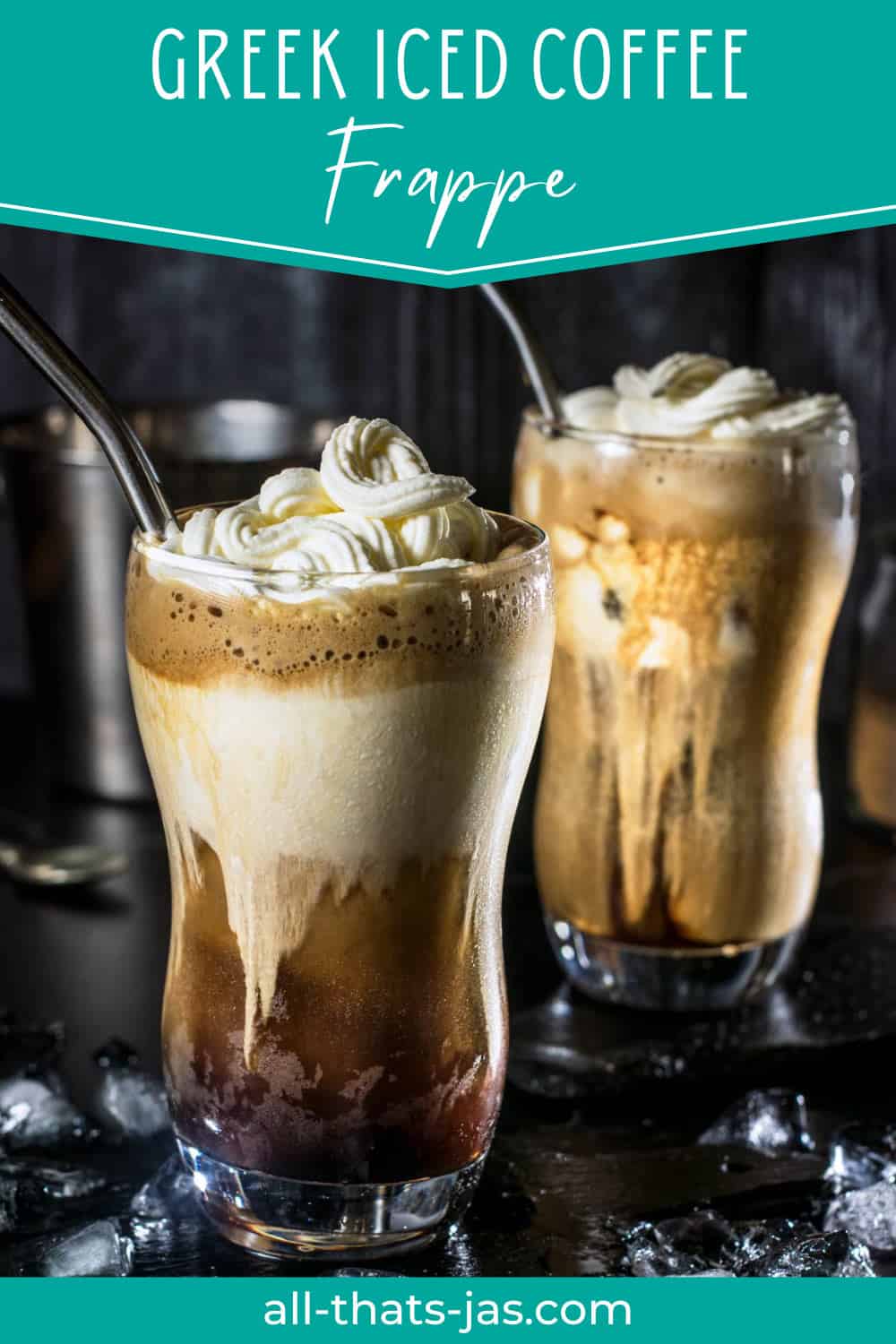 Greek frappe iced coffee in two glasses with milk and whipped cream with text overlay.