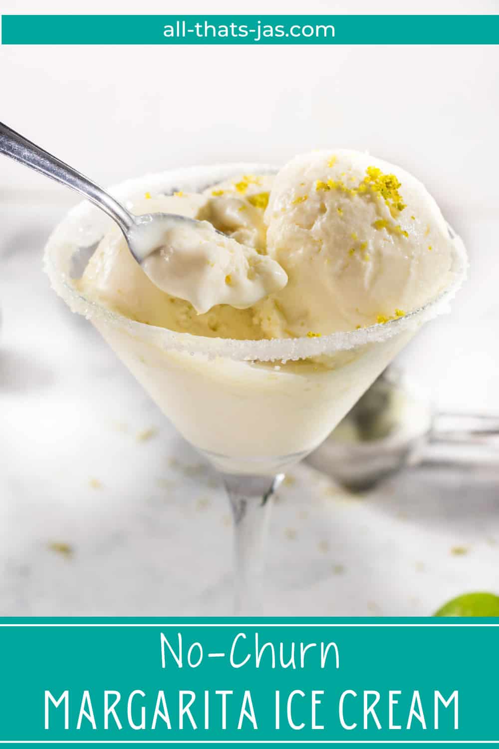 A close-up of margarita ice cream in a glass with text overlay.