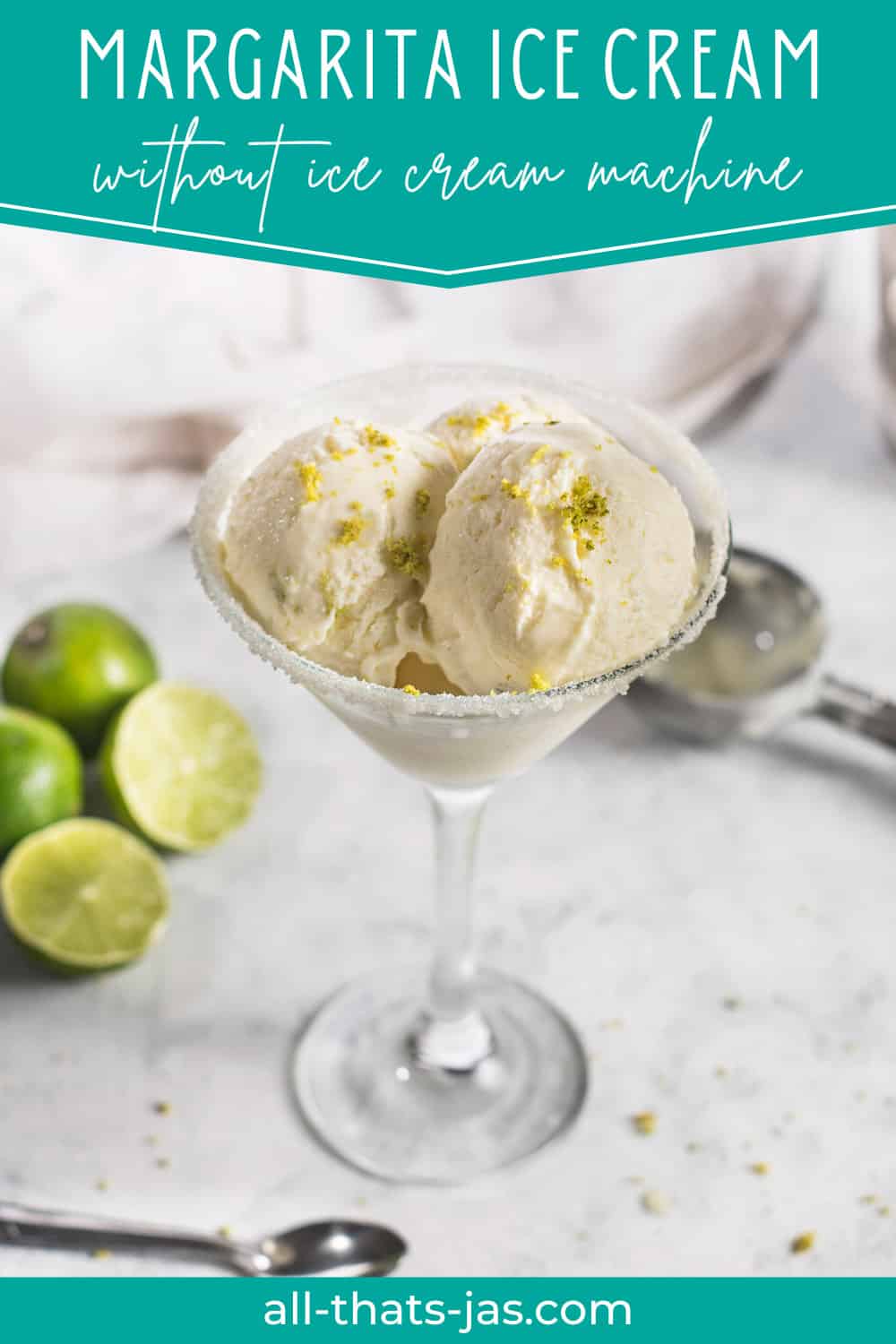 A glass of ice cream scoops with limes and text overlay.