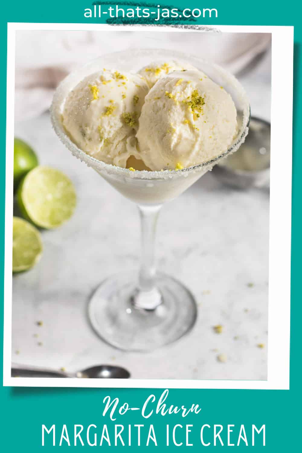 Margarita ice cream scoops in a rimmed glass with text overlay.