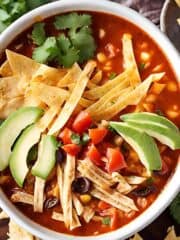 A bowl with chicken tortilla soup with avocado slices and cilantro.