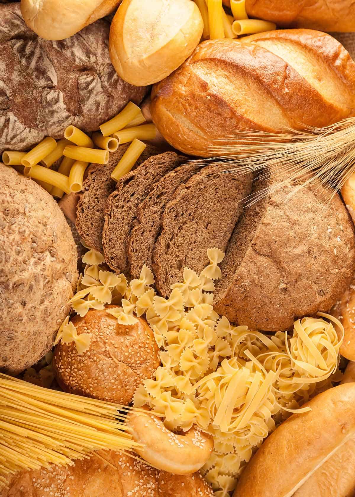 Different types of bread and pasta.