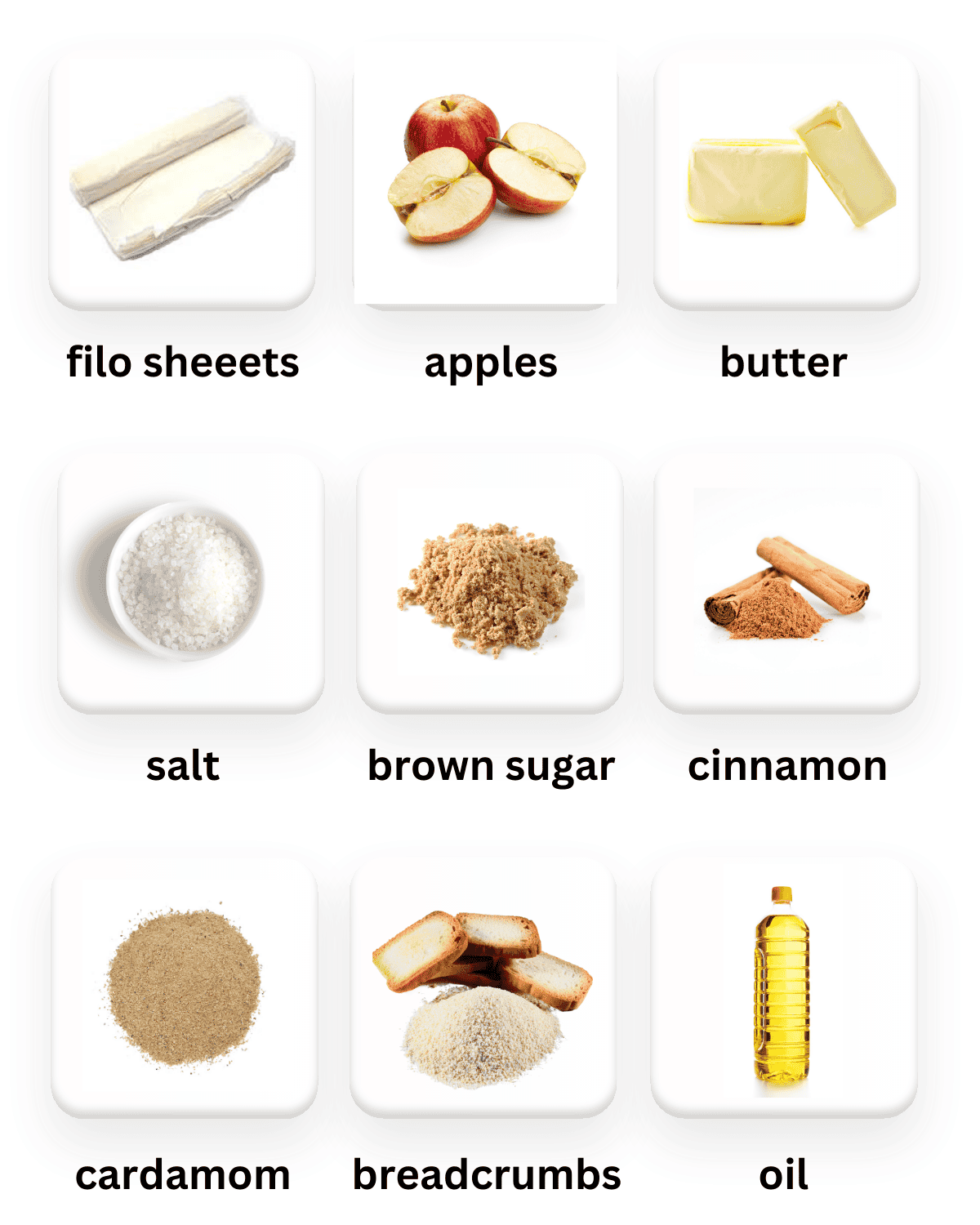 An image with small photos of ingredients for apple pie rolls with filo.