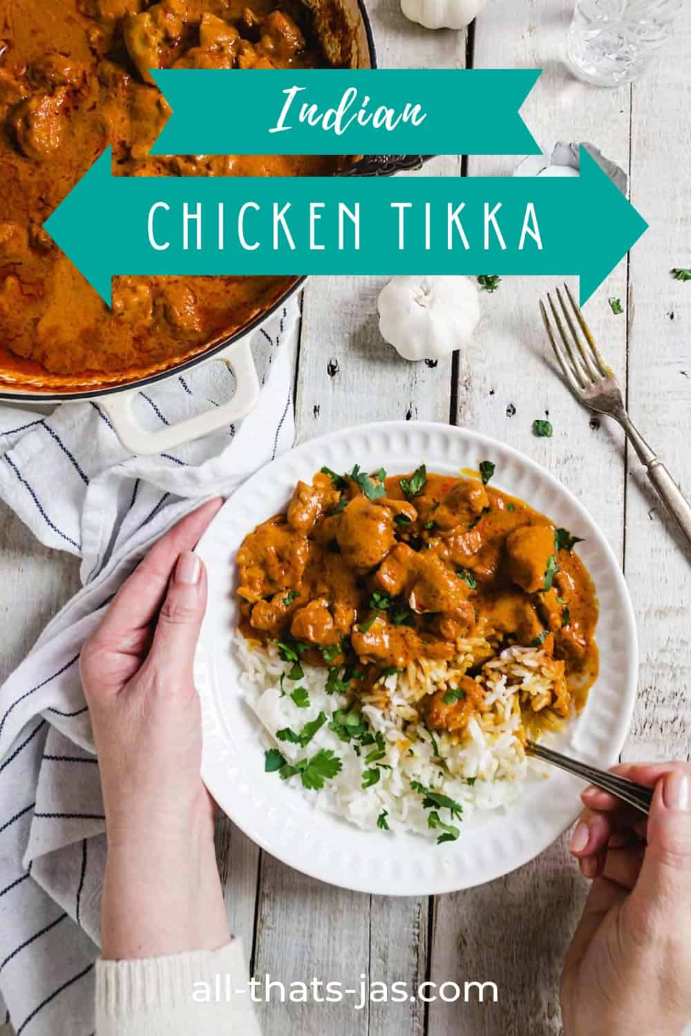 A bowl of chicken chicken Indian dish tikka in front of a person with text overlay.