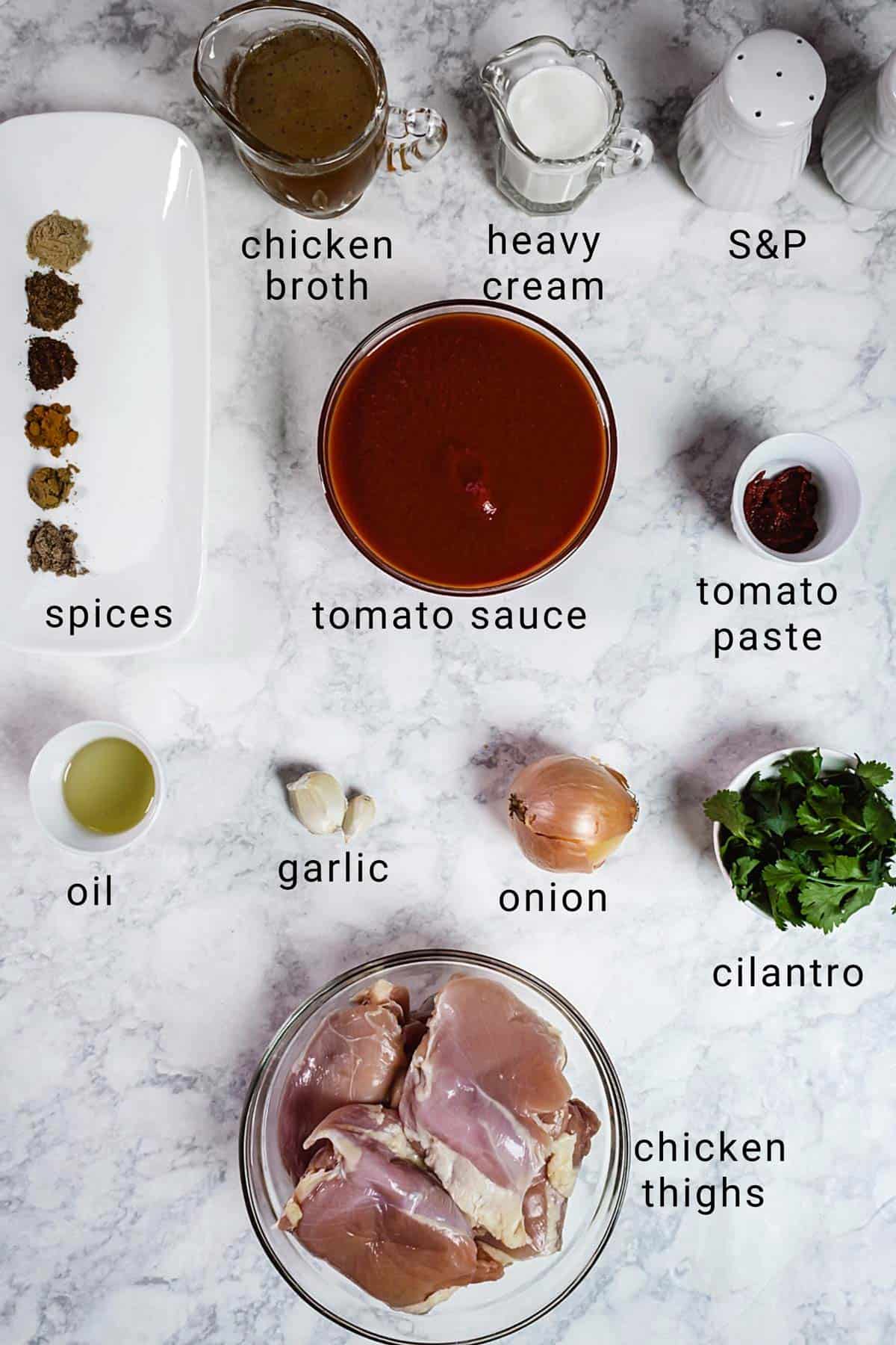 Ingredients for chicken tikka masala Indian recipe.