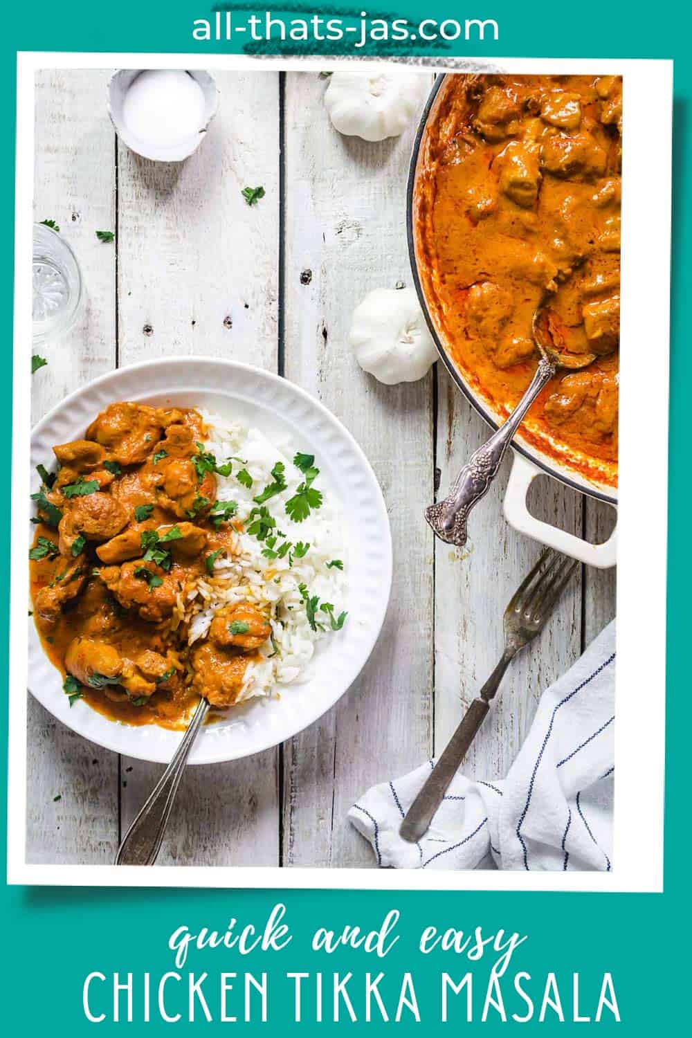 A plate and a pan with chicken tikka with text overlay.