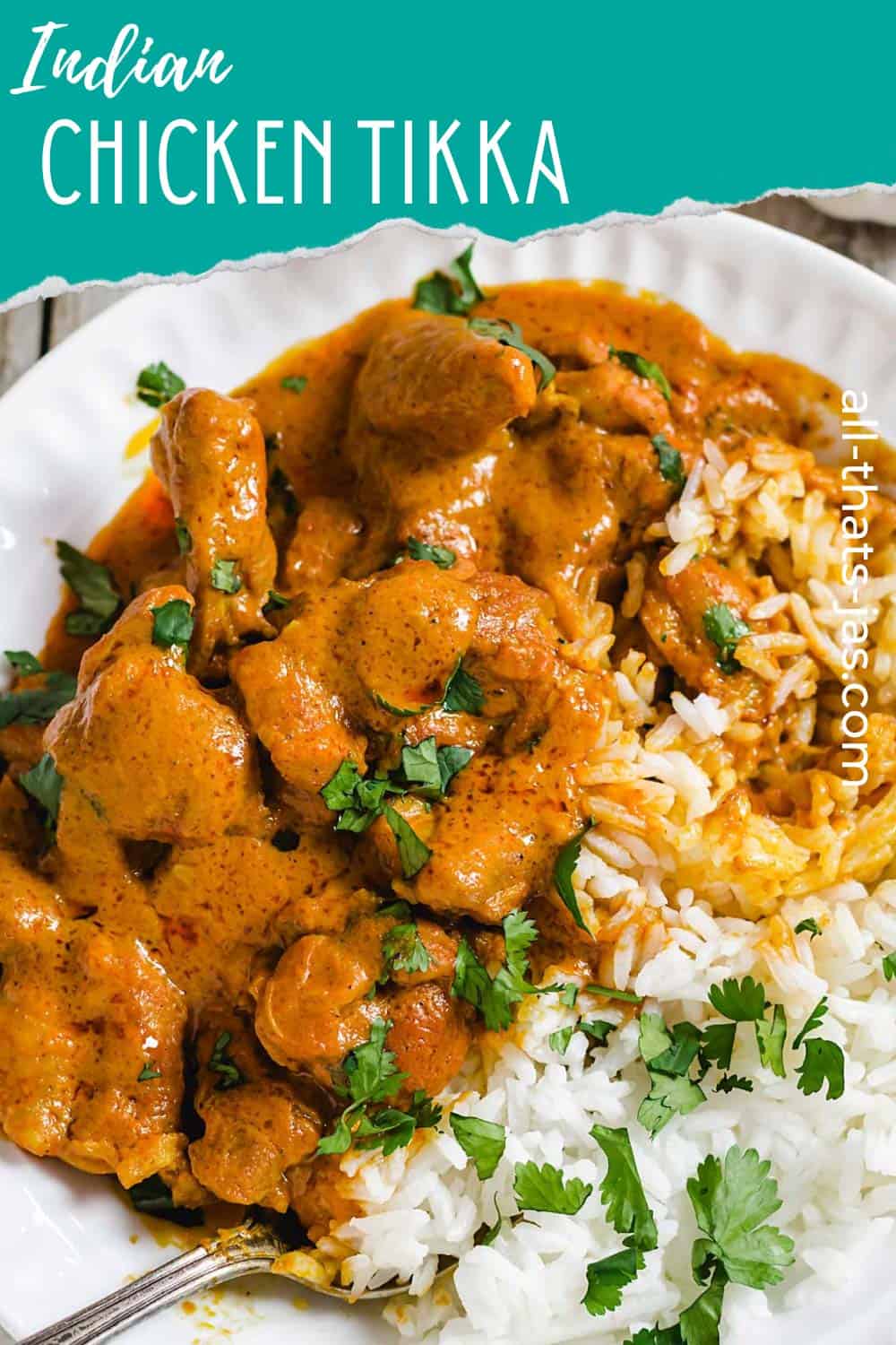 Close up shot of tikka masala with text overlay.