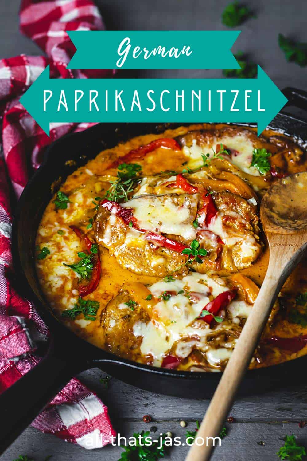 Paprikaschnitzel with a wooden spoon and a text overlay.